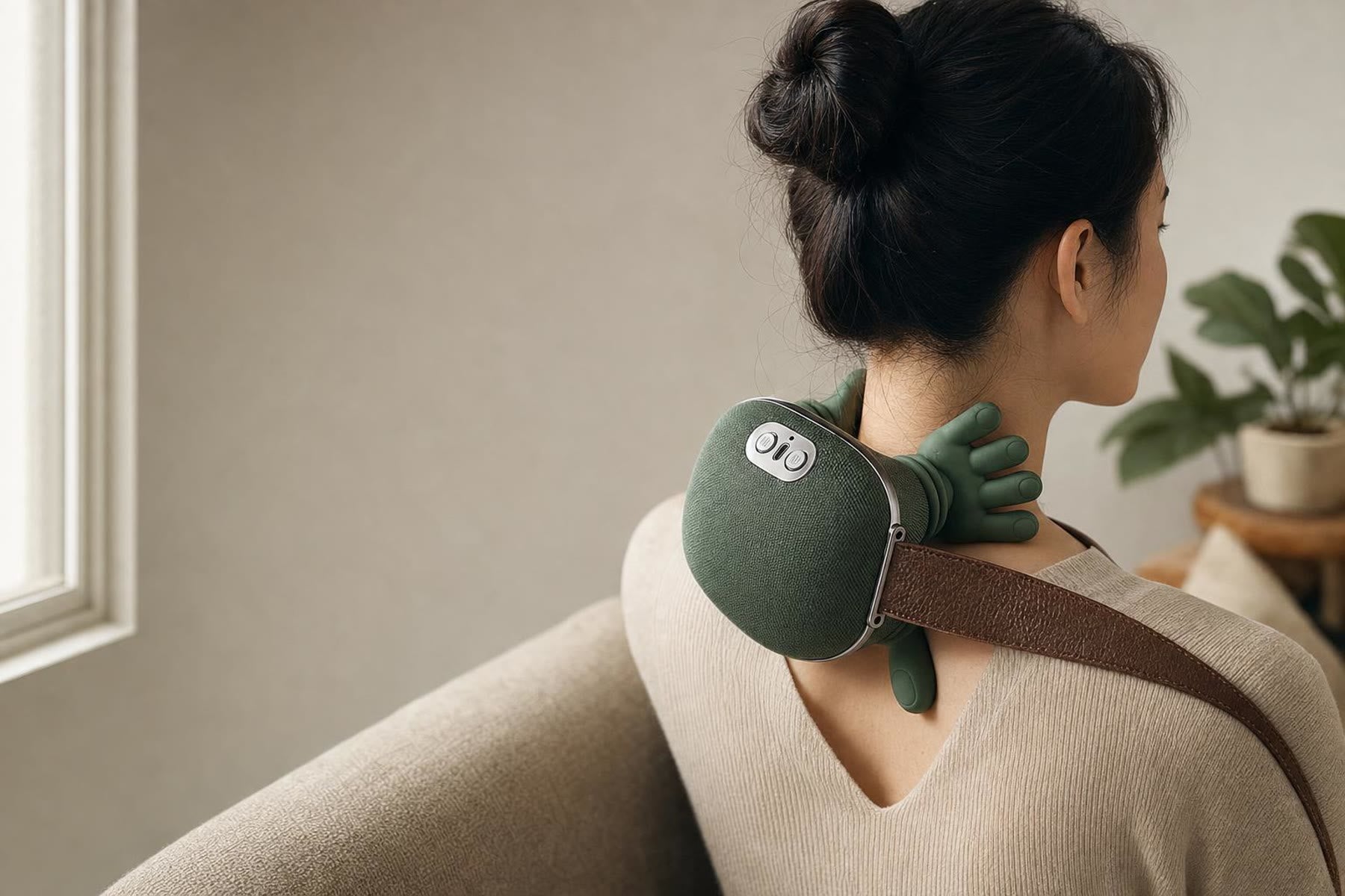 Woman relaxing on a sofa wearing the Easivia heated neck and shoulder massager